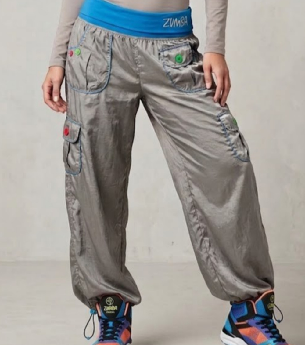 Zumba Fitness Cargo Pants Women Sm Gray Blue Waistband Dance Workout Parachute